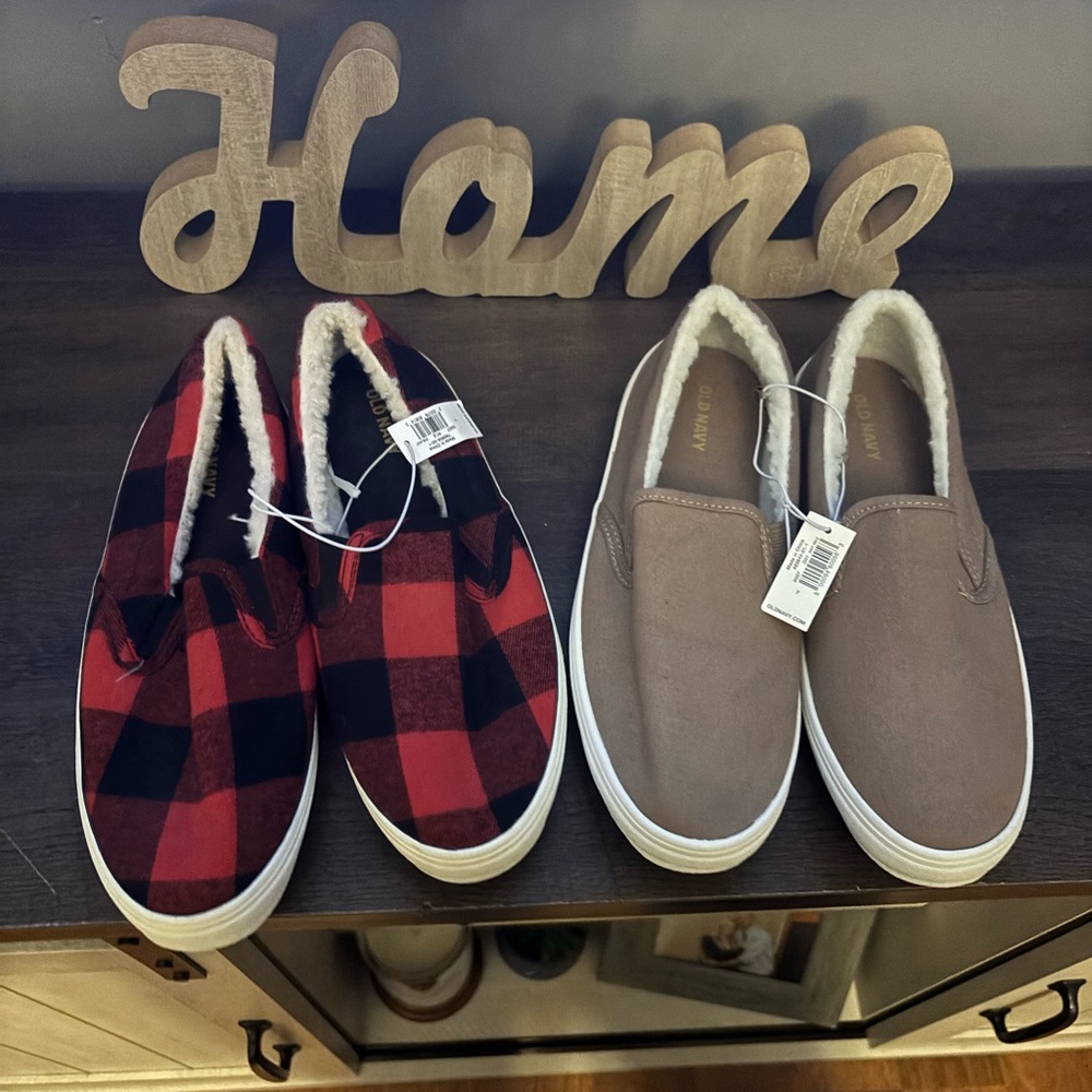 Old Navy Red Plaid and Tan Slip-On Sneakers